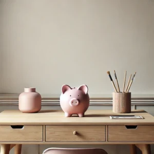 Minimalistisk sparegris placeret på et skandinavisk skrivebord, symboliserer økonomisk planlægning, opsparing, privatøkonomi og finansiel bevidsthed. sparegris, skandinavisk skrivebord, økonomisk planlægning, opsparing, budgettering, privatøkonomi, forbrugslån, finansiel bevidsthed, økonomisk ansvarlighed, lånebeslutning, pengestyring, finansiel planlægning, gældsadministration, investering, låneovervejelser.