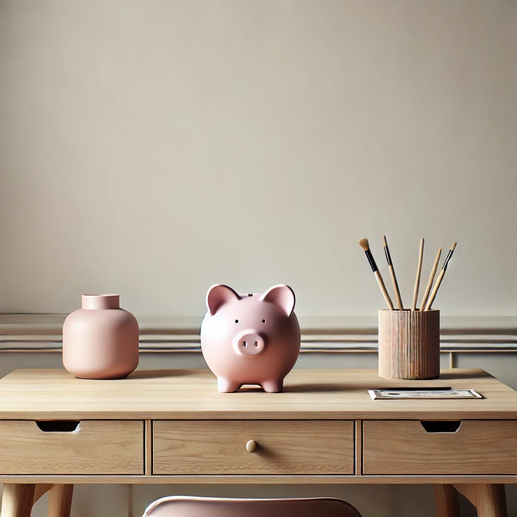 Minimalistisk sparegris placeret på et skandinavisk skrivebord, symboliserer økonomisk planlægning, opsparing, privatøkonomi og finansiel bevidsthed. sparegris, skandinavisk skrivebord, økonomisk planlægning, opsparing, budgettering, privatøkonomi, forbrugslån, finansiel bevidsthed, økonomisk ansvarlighed, lånebeslutning, pengestyring, finansiel planlægning, gældsadministration, investering, låneovervejelser.