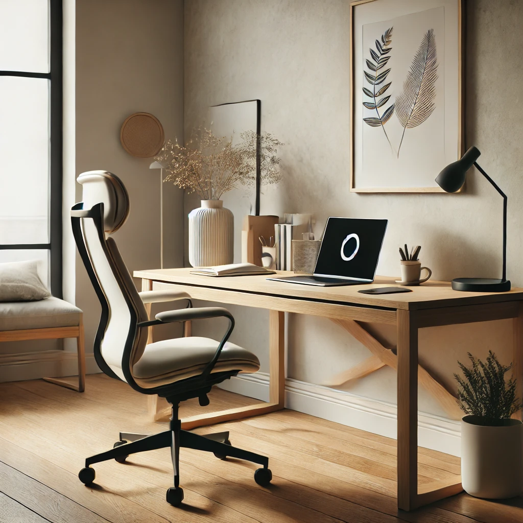 Stilrent skandinavisk hjemmekontor med minimalistisk træskrivebord, ergonomisk stol, bærbar computer, naturligt lys og enkle dekorationer til produktivitet. skandinavisk hjemmekontor, minimalistisk design, ergonomisk stol, træskrivebord, naturligt lys, produktivitet, moderne indretning, hjemmearbejde, arbejdsstation, stilrent kontor, funktionelt design, hjemmekontor inspiration, arbejdsrum, komfortabelt kontor, effektiv arbejdsplads.