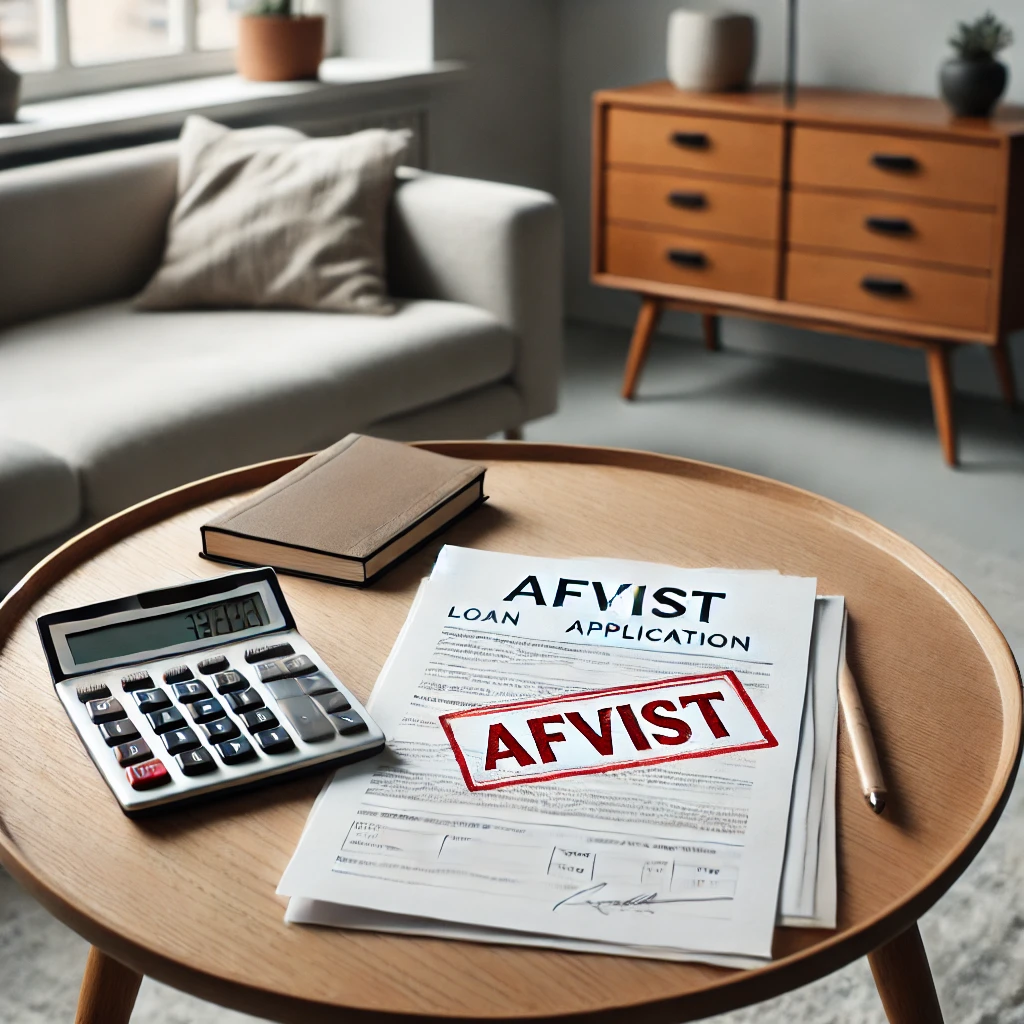 Skandinavisk skrivebord med en finansiel dokument, en lommeregner og en låneansøgning stemplet med “AFVIST” i rød skrift, der symboliserer økonomiske udfordringer.