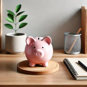 Minimalistisk skandinavisk skrivebord med en moderne sparegris i centrum, en lille plante og en notesbog, symboliserer økonomisk stabilitet og smart pengeadministration.