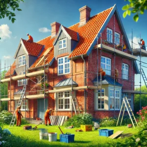 Dansk hus under renovering med stillads, håndværkere og byggematerialer på en solrig sommerdag – illustrerer behovet for lån til boligrenovering.