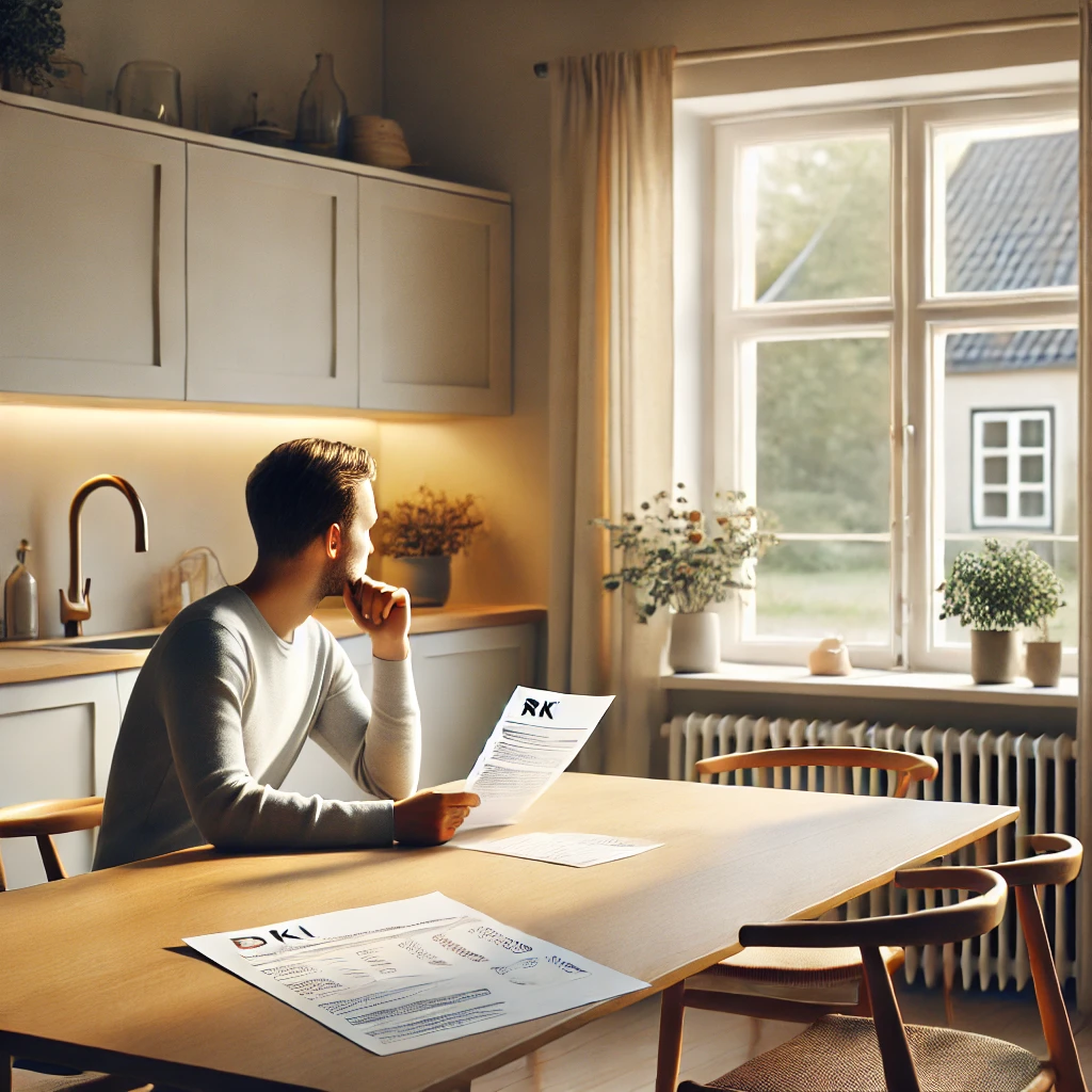Dansker ved køkkenbord i eftertænksomt øjeblik med økonomiske papirer, relateret til lån trods RKI.