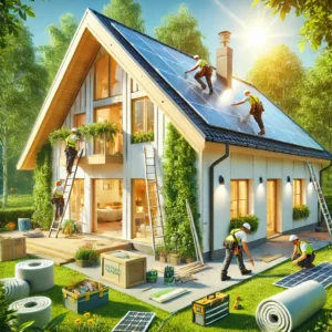 Modern skandinavisk hus under grøn boligrenovering med installation af solceller, energivinduer og isolering – omgivet af træer og byggematerialer.