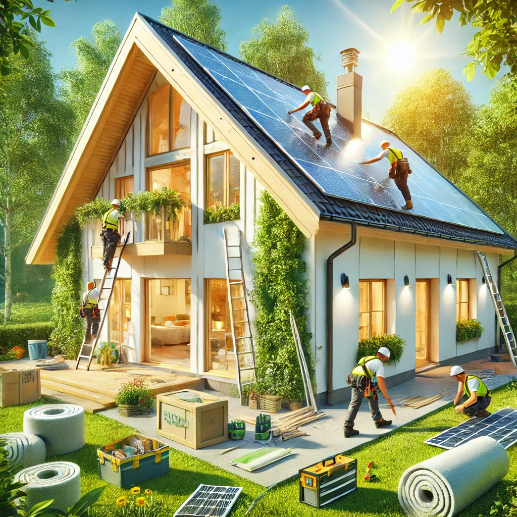 Modern skandinavisk hus under grøn boligrenovering med installation af solceller, energivinduer og isolering – omgivet af træer og byggematerialer.