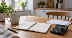 Budgetnotesbog, lommeregner og kuverter på et køkkenbord – illustration til en guide om akut lån trods RKI og pengemangel.