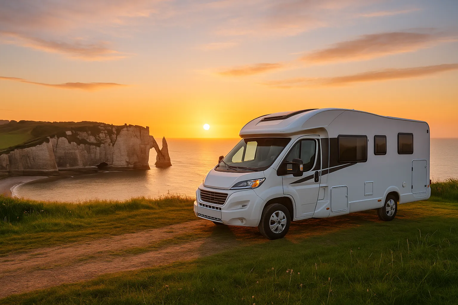 Autocamper parkeret på klippeeng med udsigt til Étretats klippebuer og solnedgang over havet.