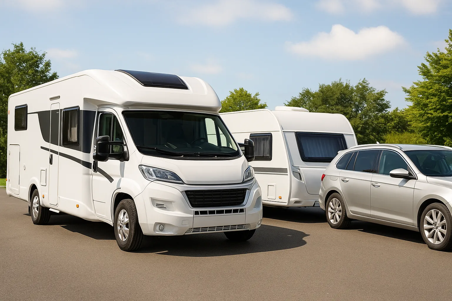 Autocamper og bil med campingvogn parkeret side om side i naturen på en solrig dag.