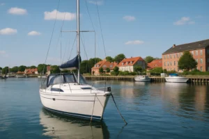 Hvid båd for anker i dansk havn med røde tegltage og blå sommerhimmel.