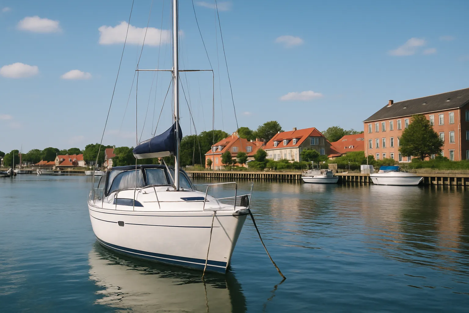 Hvid båd for anker i dansk havn med røde tegltage og blå sommerhimmel.