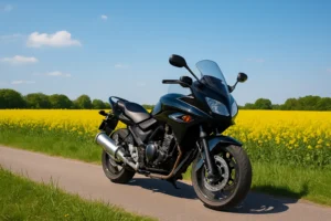 Motorcykel parkeret ved landevej foran rapsmark i dansk landskab med blå himmel.