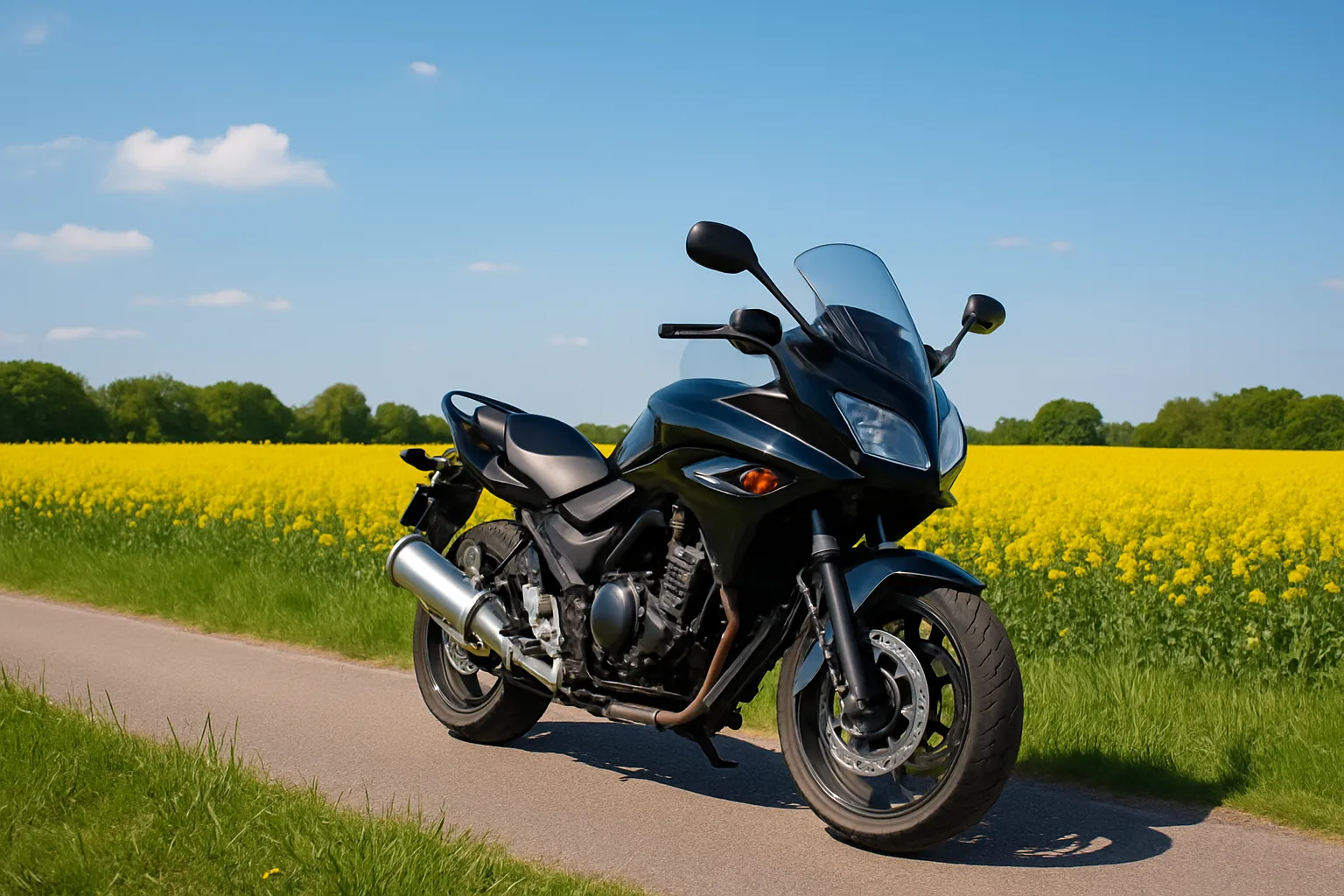 Motorcykel parkeret ved landevej foran rapsmark i dansk landskab med blå himmel.