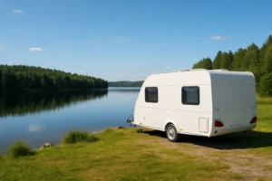 Campingvogn parkeret ved stor svensk sø omgivet af skov og blå himmel på sommerdag.