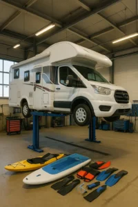 Autocamper står på værksted, muligvis på lift, til eftersyn eller reparation.