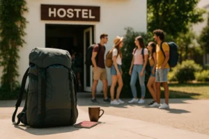 Stor backpack placeret foran hostel med unge rejsende i baggrunden.
