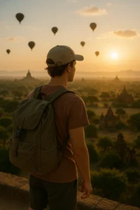 Ung mandlig backpacker ser ud over templer og luftballoner ved solnedgang