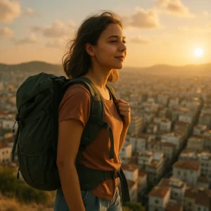 Ung kvindelig backpacker med rygsæk nyder solnedgangen over en storby – perfekt billede til artikel om at rejse som ung