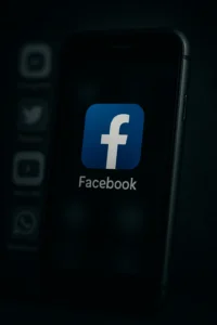 Smartphone med Facebook-ikon i fokus og slørede apps i baggrunden – mørk og dyster stemning