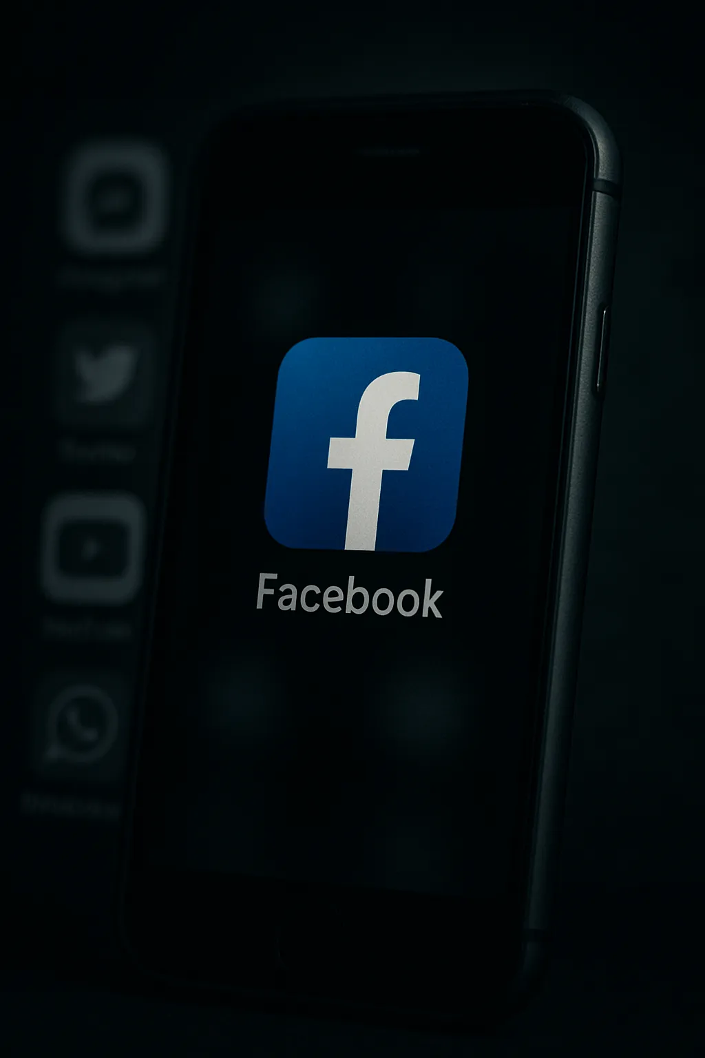 Smartphone med Facebook-ikon i fokus og slørede apps i baggrunden – mørk og dyster stemning