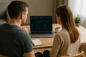 Unge voksne starter med at investere penge hjemme med laptop, sparegris og notesbog