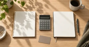 To neutrale budgetark ved siden af hinanden på et enkelt dansk skrivebord, med en lommeregner og en pen.