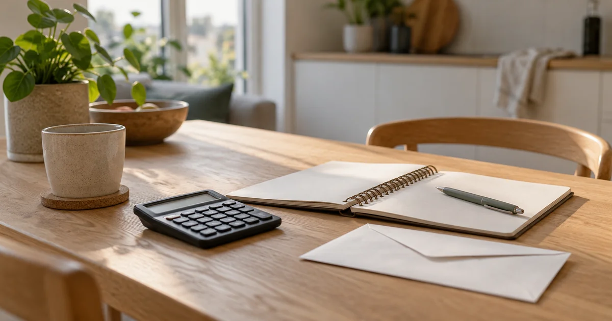 En lommeregner, en neutral budgetnotesbog og en enkelt kuvert på et lyst træbord.