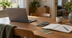 Computer, lommeregner og åben budgetnotesbog på et lyst spisebord.
